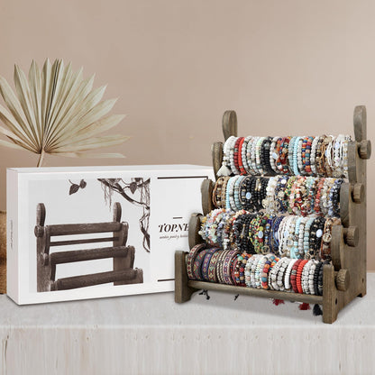 TOPNEW 4 Tier Wooden Bracelet Holder, Scrunchie Bangle Watch Necklace Display Storage Jewelry Holder Stand Display Organizer, Brown