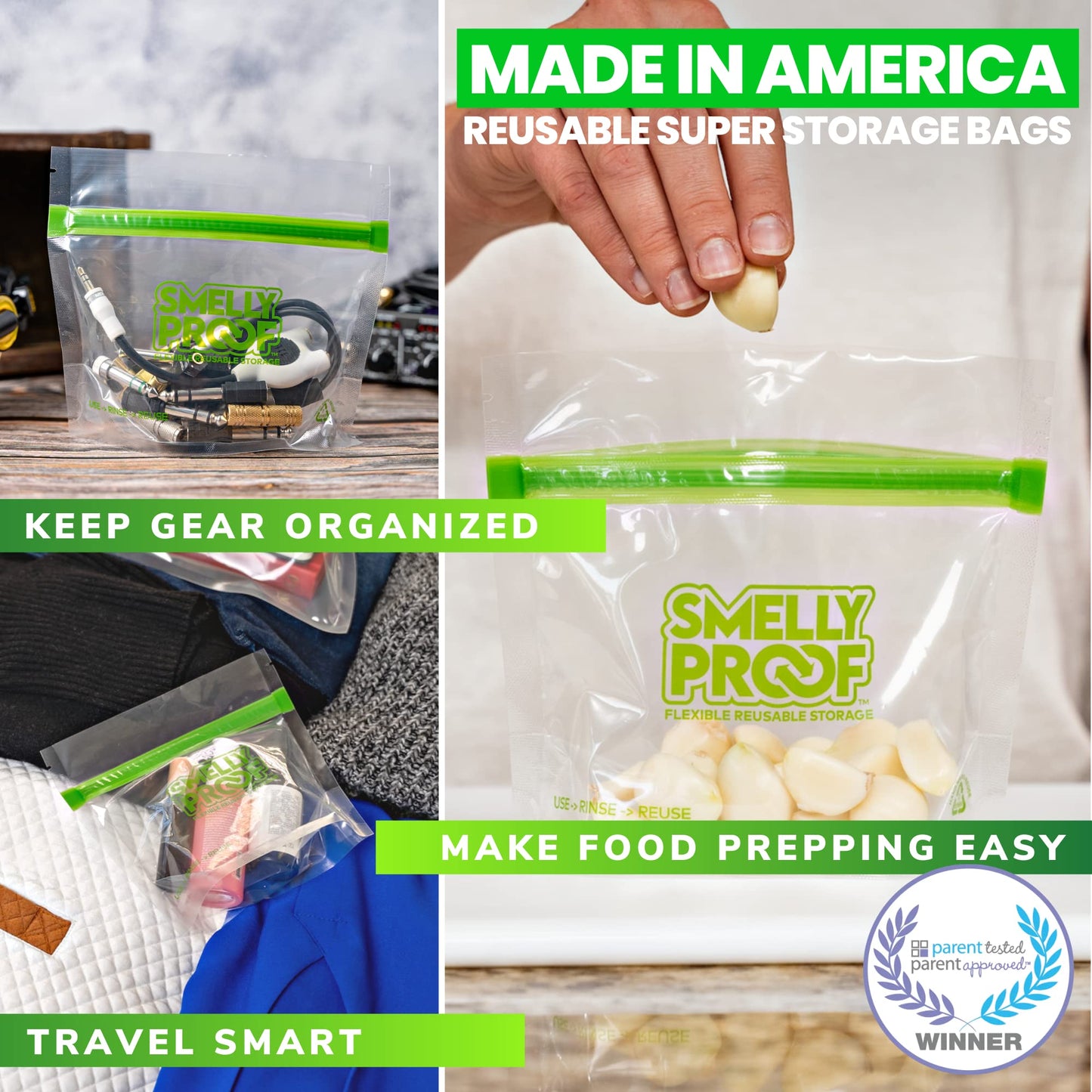 Smelly Proof 10 x Expandable Stand-Up & Fill REUSABLE Storage Bags for Food Designed & Mfg in US, NO PEVA, BPA FREE, Reusable Snack Bags, Dishwasher-Safe, Clear 3 mils STAND & FILL 6" x 4" - 10pk