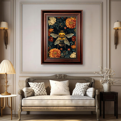 Framed William Morris Bee Canvas Wall Art Retro Mid Century Country Insect Wall Decor Pictures Dark Academia Botanical Floral Poster Prints for Office Living Room Bedroom Home Decoration 12x16in