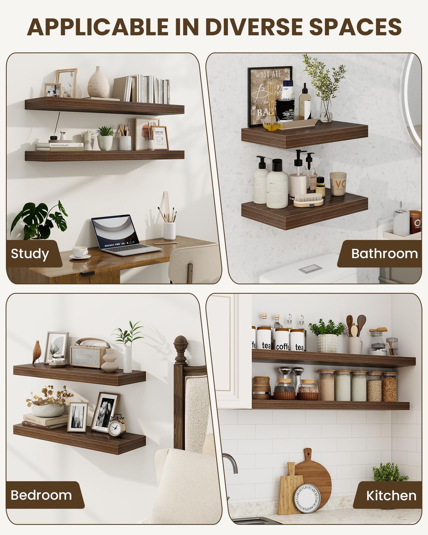 Marsmiles 40" Floating Shelves for Wall, Wooden Shelves with Invisible Brackets Set of 2, Rustic Farmhouse Wall Mounted Shelf for Kitchen Bathroom Living Room Study, Walnut