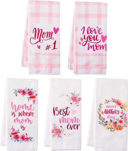 R HORSE 5Pcs Best Mom Kitchen Dish Towel Set Mother Pink Floral Absorbent