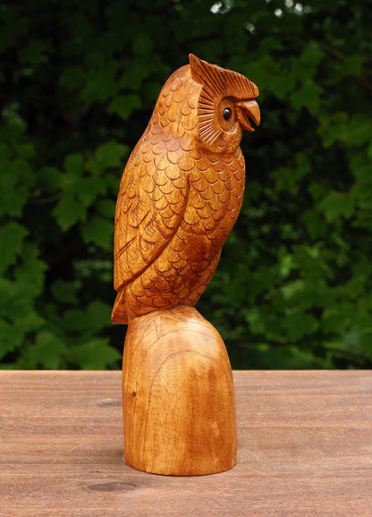 G6 Collection 10" Wooden Handmade Owl Figurine Handcrafted Statue Art Home Decor Sculpture Hand Carved Decorative Rustic Accent Decoration Hoot Owl Standing on a Tree Branch