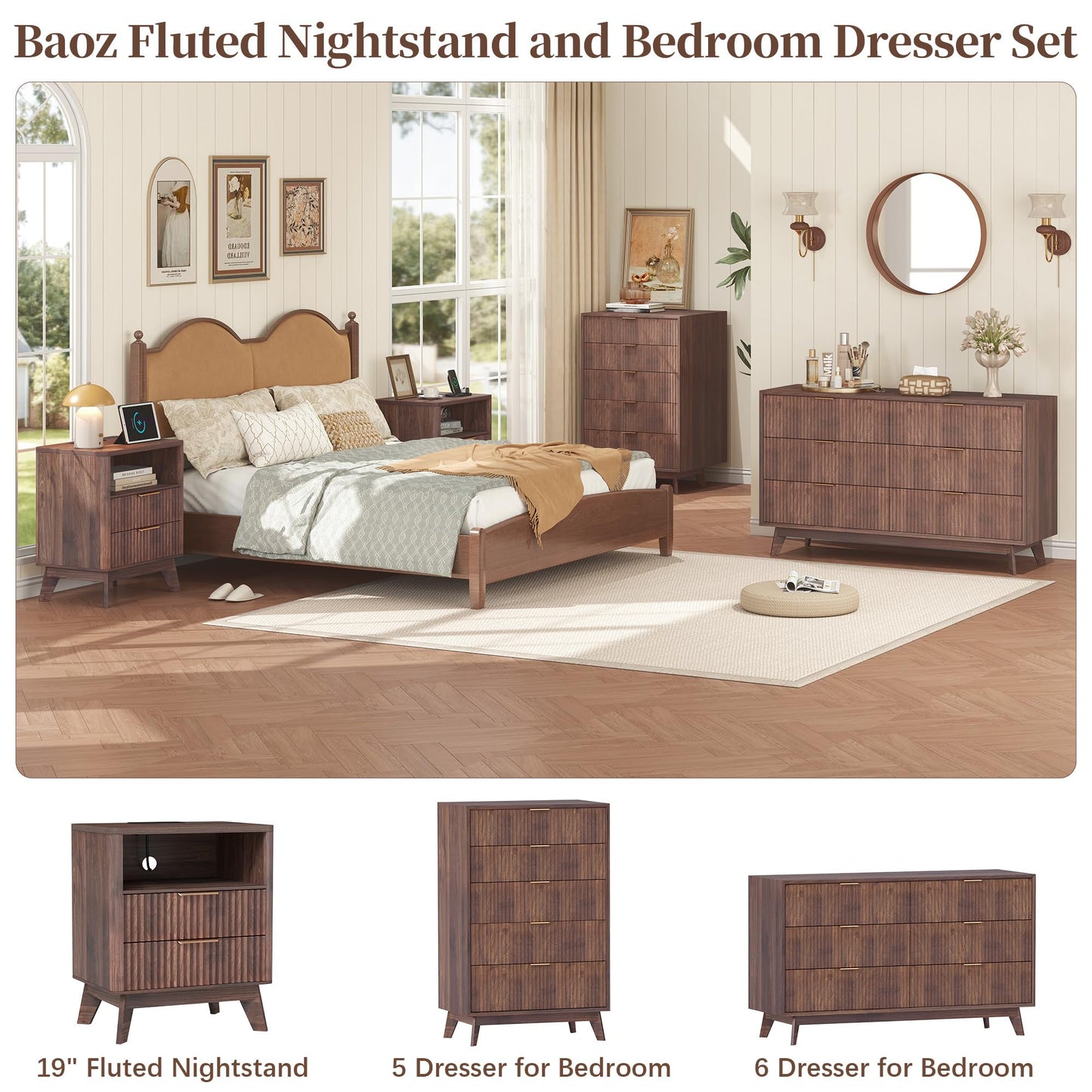 Baoz Walnut Fluted Nightstand with Charging Station & 2 Drawers for Bedroom