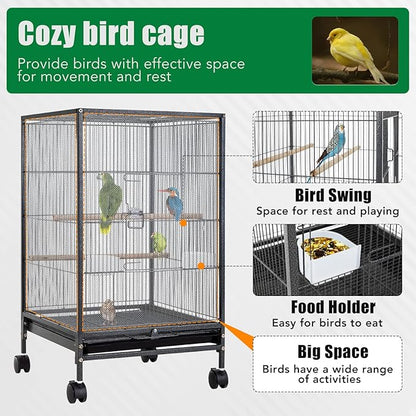 BestPet 35 inch Wrought Iron Bird Cage with Play Open Top and Rolling Stand,Large Parrot Cage Bird Cages for Parakeets,Cockatiel, Canary, Finch, Lovebird, Parrotlet,Pigeons (35 inch)