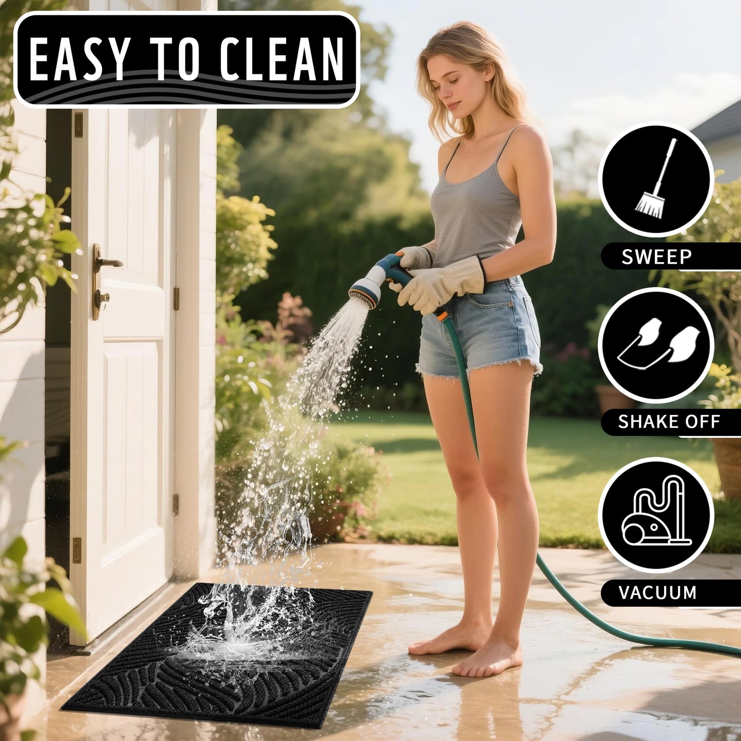 Yimobra Doormat Outdoor Entrance, Simple Stripes All-Weather Waterproof & Non-Slip Mat for Front Door, Heavy Duty Welcome Mat for Indoor, Garage, Patio-29.5x17, Black
