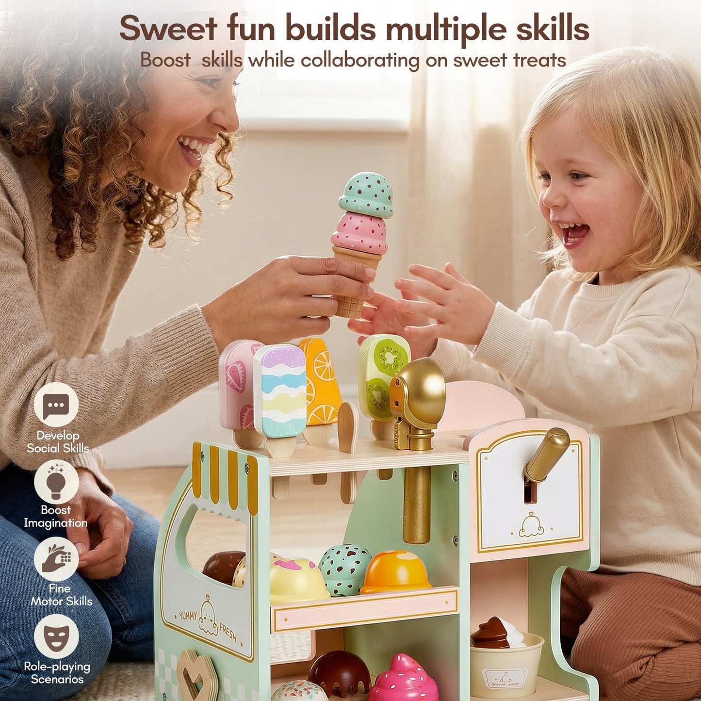 Giant bean Wooden Ice Cream Play Set, with Drop-Down Dispenser, Play Kitchen Accessories with Cones, Popsicles, Scoops, Play Money & Menu, Ice Cream Toy for Kids Ages 3+, Birthday
