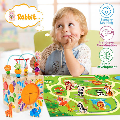 KMTJT Wooden Activity Cube Toddler Toys 12-18 Months, 7-in-1 Montessori Learning Toys for 1 2 Year Old Boys Girls, Bead Maze Sensory Toy, First 1st Birthday Gifts with Sorting & Stacking Board (Pink)