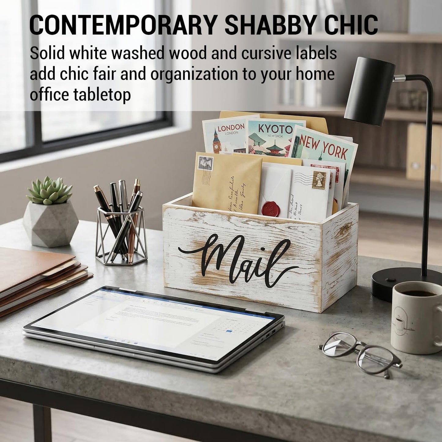 MyGift Mail Holder Storage Organizer Box Whitewashed Wood with MAIL Script Design, Desktop Letters, Bills, Notes and Postcard Bin for Home Office Dorm Room