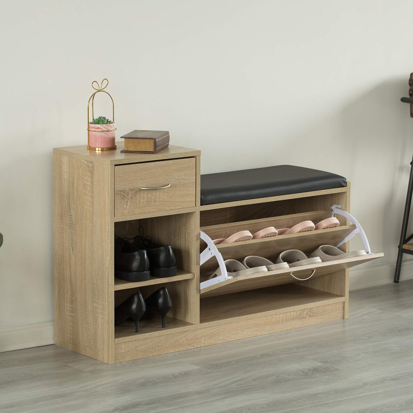 Basicwise, Oak Wooden Entryway Shoe Storage Bench with Cushion (QI003942.OK)