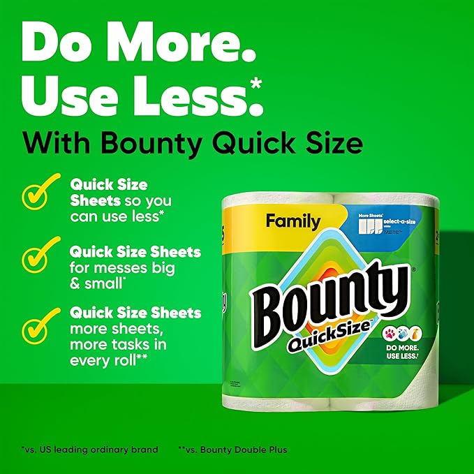Bounty Paper Towels Quick Size, 16 Family Rolls = 40 Regular Rolls
