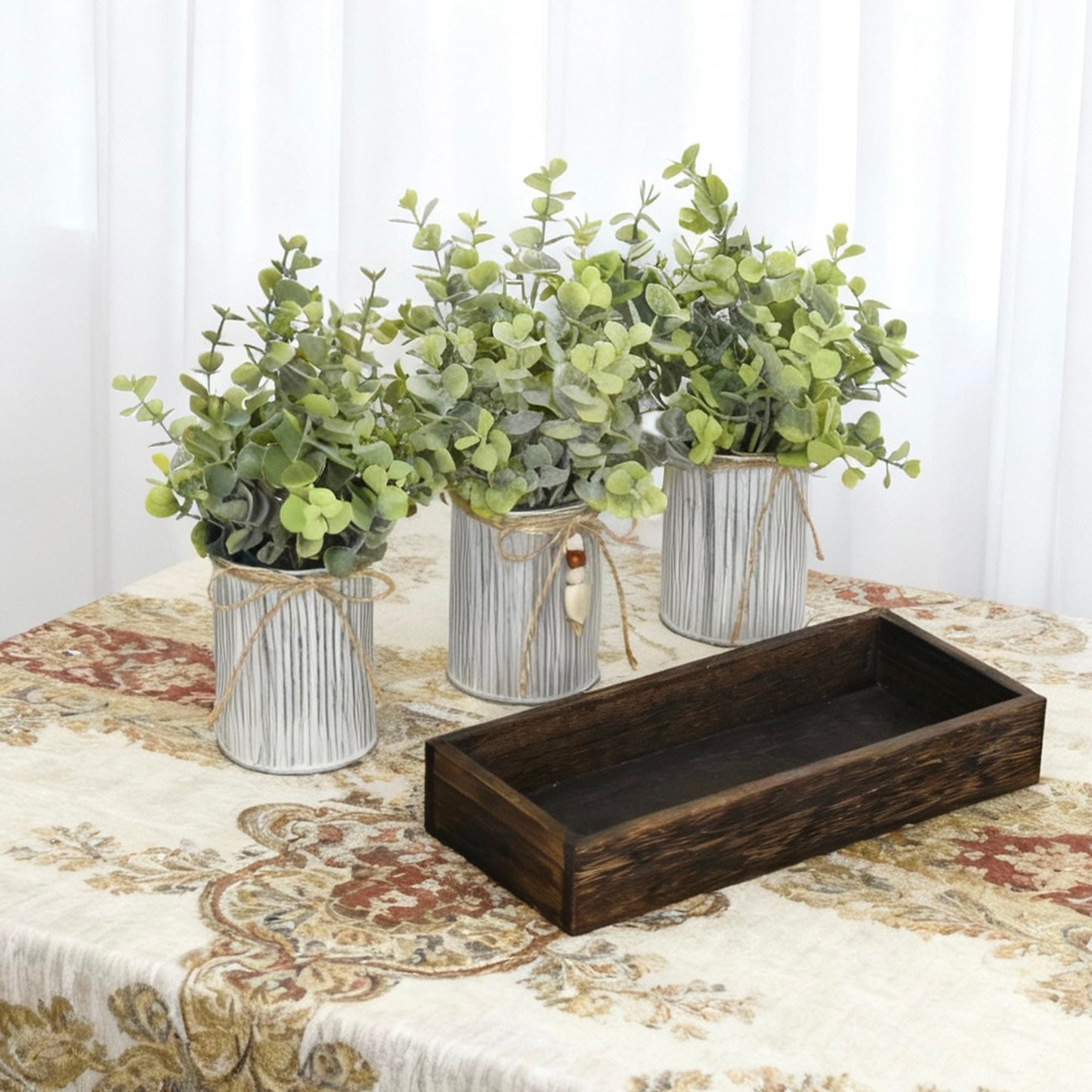 CANCLEAR Rustic Farmhouse 3-Piece Artificial Eucalyptus Centerpiece – Wooden Tray with 3 Galvanized Metal Pots & Faux Greenery – Table Decor for Dining Room, Kitchen, Living Room, Bathroom, Office