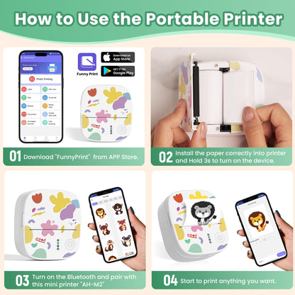 XenGro Mini Sticker Printer AHM2, Mini Thermal Printer with 3 Rolls Paper, Portable Bluetooth Inkless Printpods, Pocket Label Maker Suitable for Creative Kids DIY, Diaries, Photos, Study Notes -White