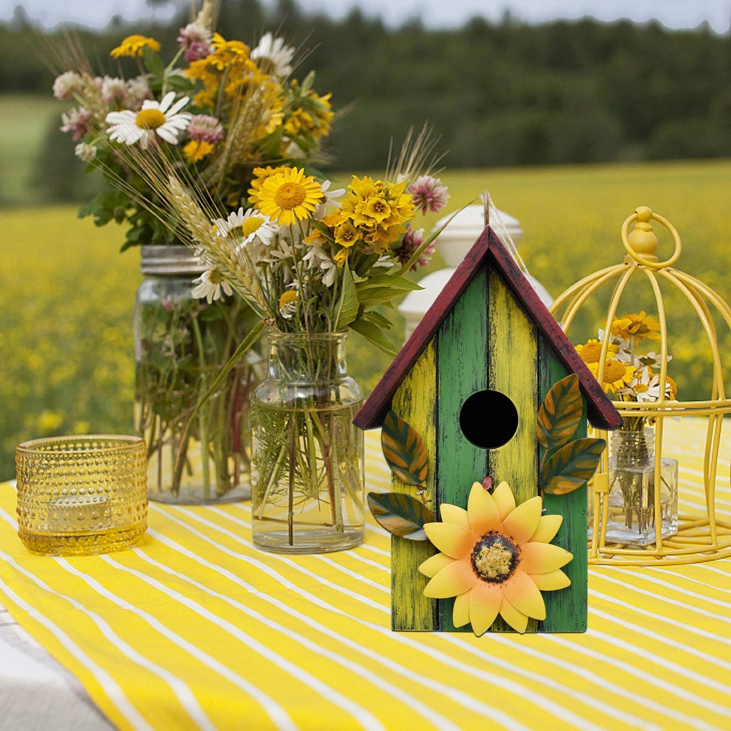 Wood Decorative Bird House for Outside Hanging Hummingbird House, Wooden Hand Painted Small Bird House Outdoors Garden Décor, Hanging Bird House for Finch Bluebird Wren Chickadee (Green)