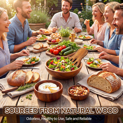 Hushee 5 Pcs Acacia Wood Salad Bowl Set 4.7" 6.3" 9.5" Wooden Mixing Bowls with 2 Wooden Hands Large Wood Serving Bowl with Serving Utensils for Kitchen Fruits Cereal Corn Flake Pasta Gift Giving
