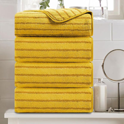 4 Pcs Yellow Cabana Stripe Large Bath Towels 35"x70" Oversized Bath Sheet Super