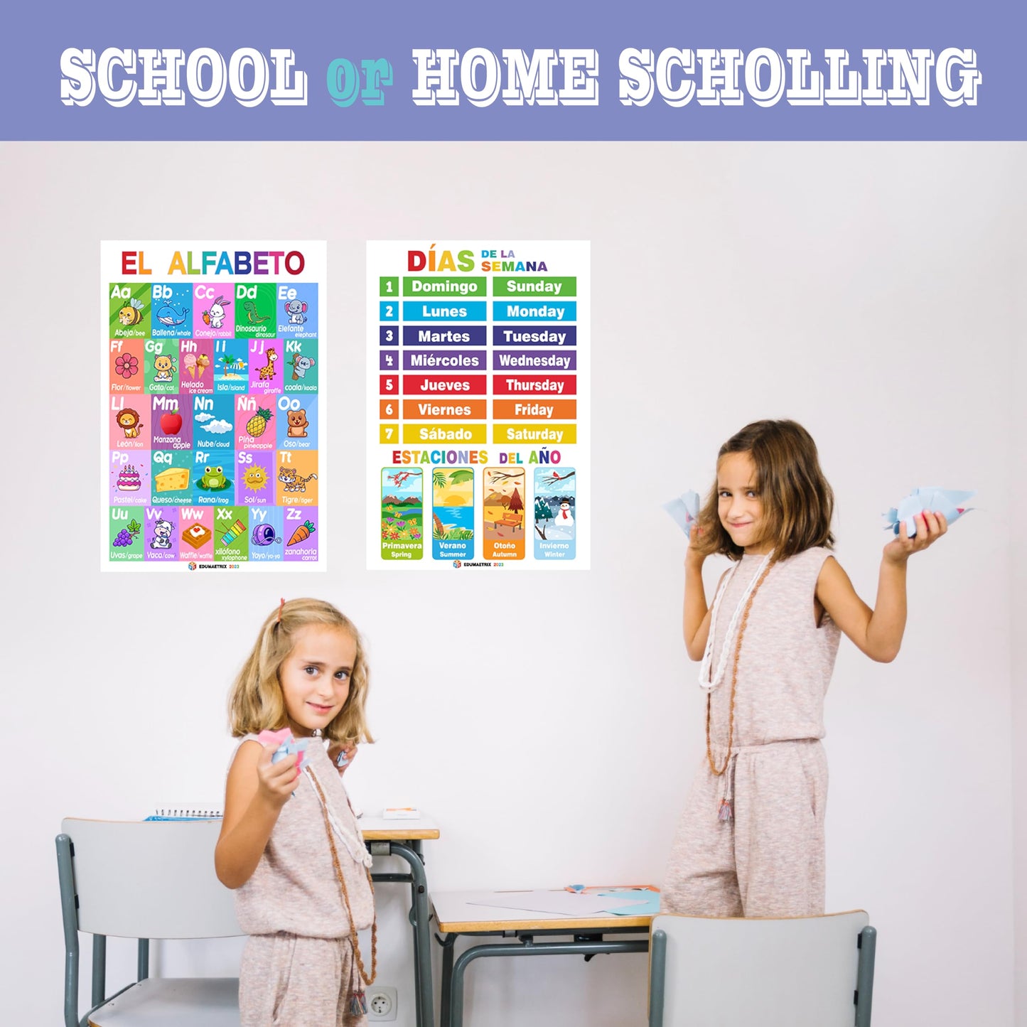 20 Spanish English Bilingual Educational Posters Water Proof Learning Chart for Preschool, Kindergarten, Classroom Decoration, Alpabet, Alfabeto, Numbers...( Flat Packaging 11"x16" )