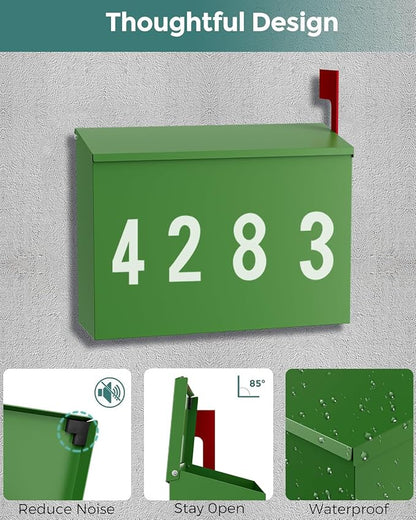 LAND·VOI Wall-Mount Mailbox with One Flag Kit and Three Sets of 0-9 Mailbox Number Stickers, Mailboxes for Outside, Galvanized Steel Rust-Proof Metal Post Box, 4.33" Dx14.2 Wx10.43 H, Green