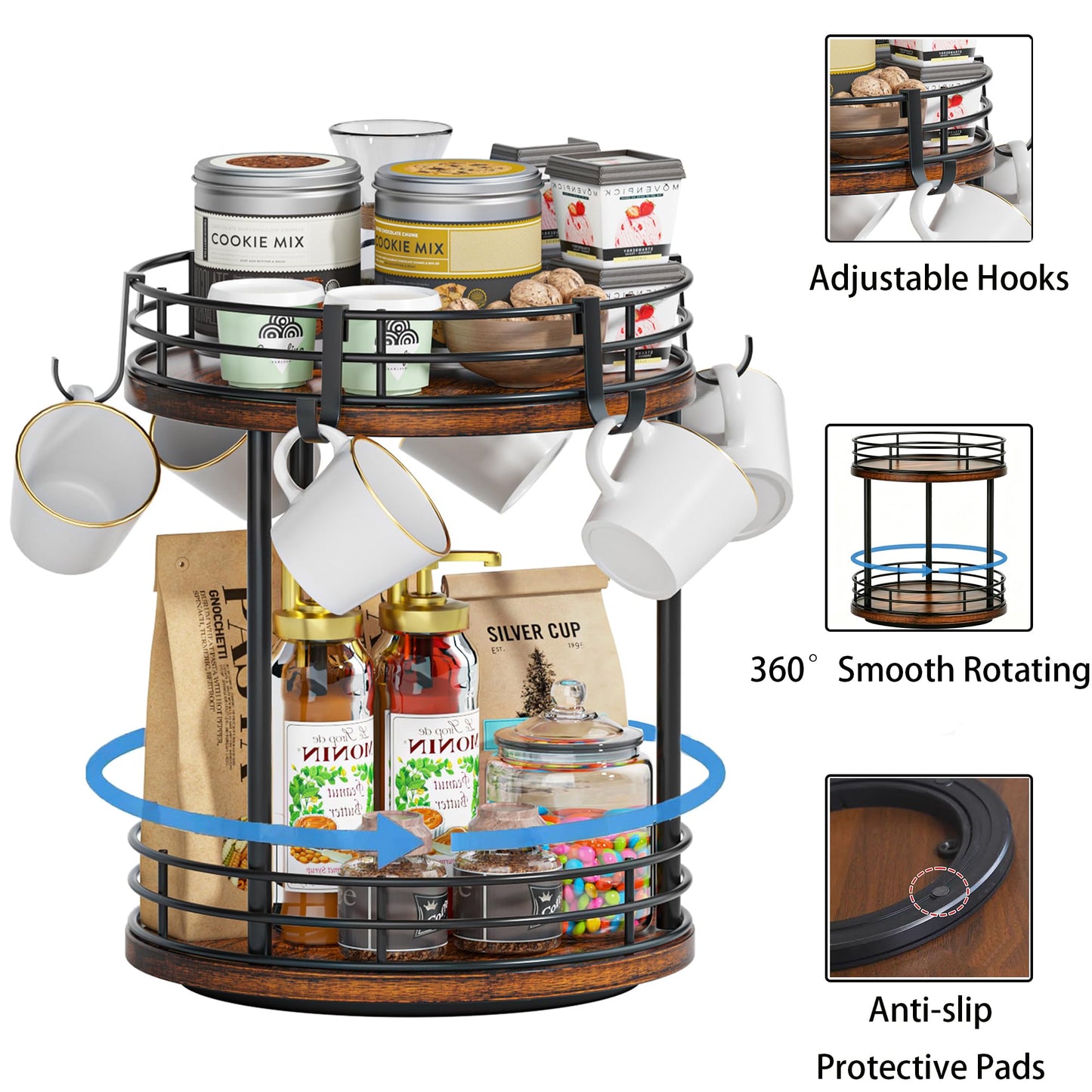 Yelinkws Rotating Coffee Mug Cup Holder Rack Stand, 2 Tier Wooden Coffee Station Bar Organizer for Countertop, Spinning Kitchen Counter Organizer, Mug Shelf with 6 Hooks, Rustic Brown and Black