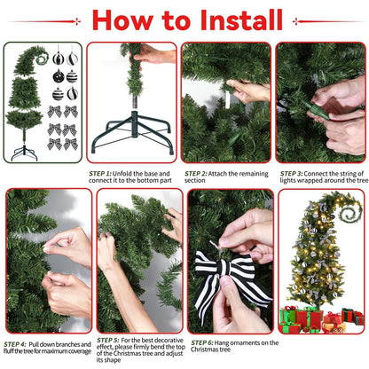 32Pcs 6 FT Christmas Tree with Light and Nightmare Ornament Ball Before Bendable Whimsical Christmas Tree with Black White Bow Ball 8 Modes String Light Crooked Bent Top for Home Decor (Green)