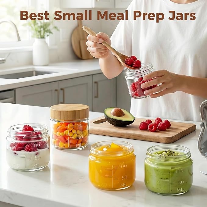 HomArtist 3oz Glass Salad Dressing Containers with Bamboo Lids - 4 Pack Small Airtight Condiment Cups, Mini Sauce Jars for Picnic, Ketchup, Dip & Snacks, Leakproof, BPA-Free & Dishwasher Safe