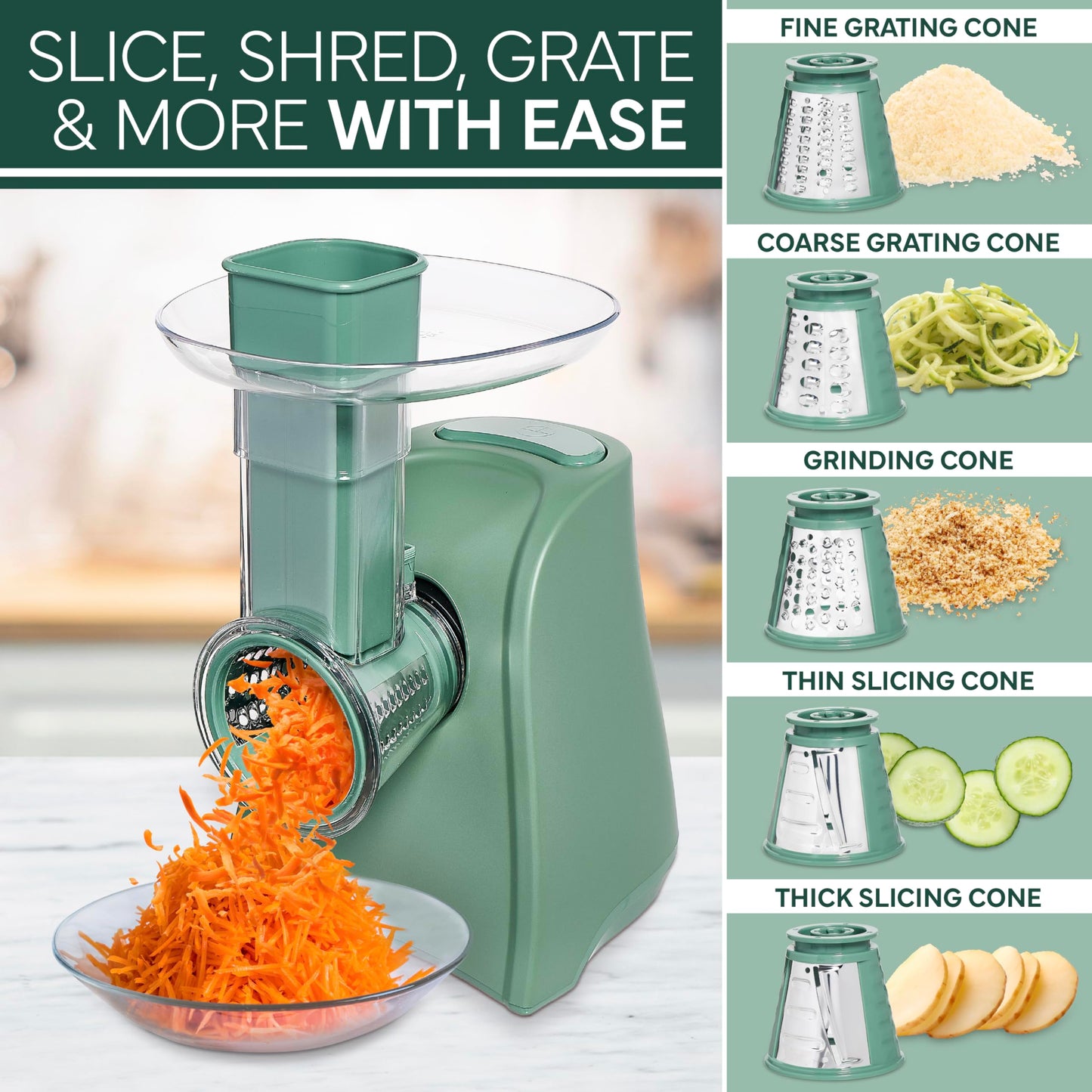 COOK WITH COLOR 5-in-1 Electric Slicer, 150W Food Prep Machine – Cheese Shredder, Fine & Coarse Graters, Potato Grater, Vegetable Slicer, Fruit, Salad Shooter, Compact Design For Bowl Prep, Blush