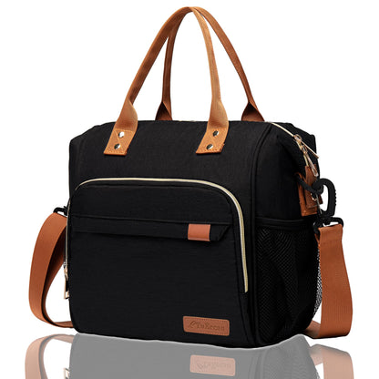Black Lunch Box for Women Insulated Lunch Bag for Work - Adult Stylish Lunch Tote Bag for Shopping Soft Cooler for Beach Picnic Travel