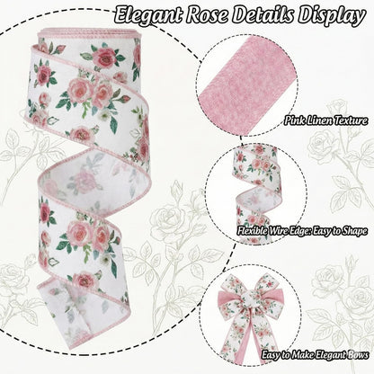 Spring Wired Ribbon 4 Rolls Green Red Floral Fabric Ribbons 1.5 Inch x 24 Yards Set Summer Flower Pattern for Wreaths Bows Making Gift Wrapping DIY Crafts Party Decor
