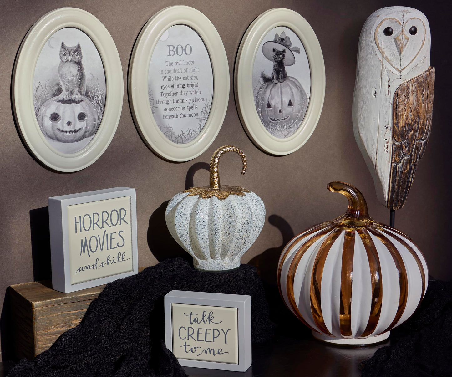 Primitives by Kathy Sitter - Barn Owl, from Our Haunted White Collection displaying a Wood Sculpture Inspired Design Made of Natural Wood with Painted Accents and Distressed Details