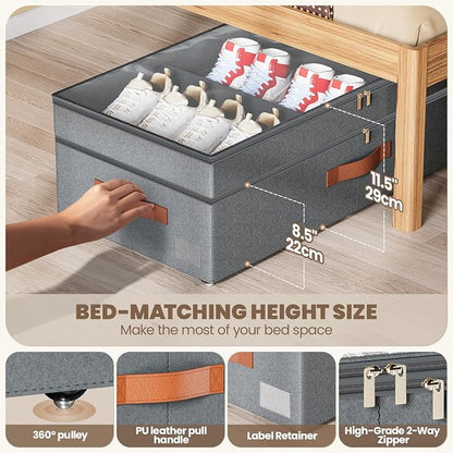 Dayacoco Under Bed Storage with Wheels, 2Pack 71L Under the Bed Storage Containers, Adjustable Underbed Drawer with Lids, Underbed storage Rolling Bin for Shoes, Clothes, Blankets, Grey