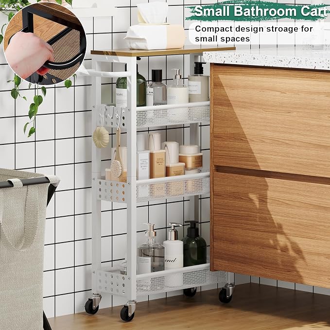Slim Rolling Storage Cart, Laundry Room Organization and Storage Shelves for Between Washer and Dryer, Narrow Shelf Unit for Small Spaces, 4 Tier Thin Organizer Carts with Wheels for Bathroom, Kitchen