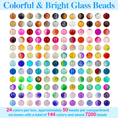 XSEINO About 7200pcs 144 Colors 6mm Crackle Glass Beads Bracelet Making Kit,6Box Different Style Crack Series Colorful Crystal Beads for Bracelet Jewelry Making,DIY Crafts,Friendship Bracelets
