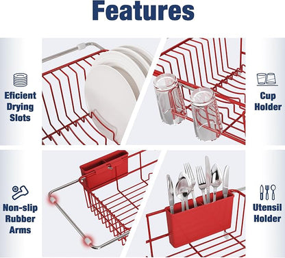 JASIWAY Red Dish Drying Rack in Sink with Mat, Expandable Stainless Steel Dish Drainers for Kitchen Counter, Space Saving Dish Dryer for Inside Sink, Over Sink Dish Racks with Utensil Holder