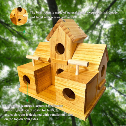 LENEDI Bird Houses for Outside Clearance, Large Bird House for 6 Bird Families Finch Cardinals Wooden Hanging Birdhouses for Outdoors Garden, Bluebird House Hummingbird Houses