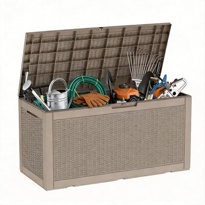 Vixzen 121 Gallon Waterproof Large Deck Box, Lockable Resin Outdoor Storage Box with Hydraulic Lid, Durable Storage Bin for Patio Furniture Cushions, Garden Tools, Pool Accessories, Grey