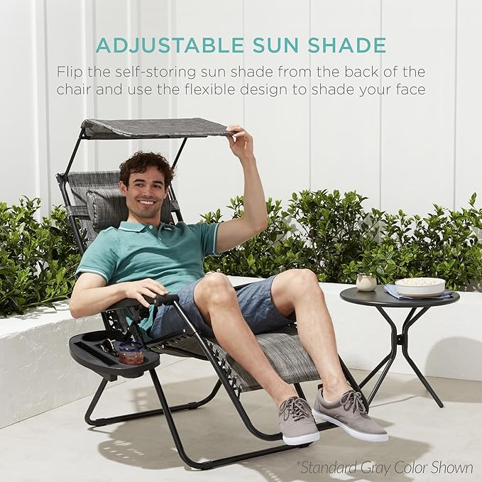 Best Choice Products 30” Wide Folding Zero Gravity Outdoor Recliner Patio Lounge Chair w/Adjustable Canopy Shade, Headrest, Side Accessory Tray - Forest Green
