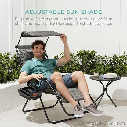 Best Choice Products 30” Wide Folding Zero Gravity Outdoor Recliner Patio Lounge Chair w/Adjustable Canopy Shade, Headrest, Side Accessory Tray - American Flag