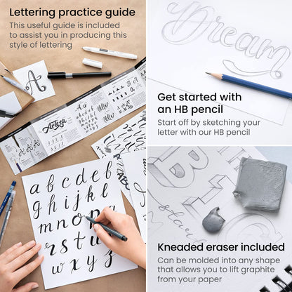 ARTEZA Hand Lettering Pens Set of 12 – Calligraphy and Brush Pens with Guidebook, Pencil, Eraser for Beginners Learning Hand Lettering and Decorative Writing