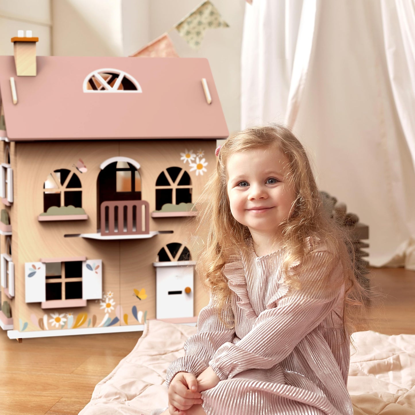 SPEEDY MONKEY Flowers Cottage Wooden Playset with Doll Pram & Doll Play Set | Wooden Baby Doll Stroller with Rabbit Baby Doll Playset with Feeding Accessories | Role Play Gift Set for Girls & Boys