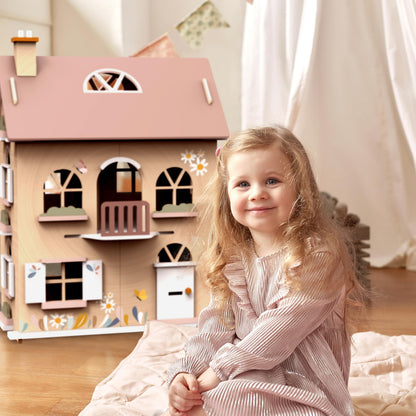 SPEEDY MONKEY Flowers Cottage Wooden Playset with Doll Pram & Doll Play Set | Wooden Baby Doll Stroller with Rabbit Baby Doll Playset with Feeding Accessories | Role Play Gift Set for Girls & Boys