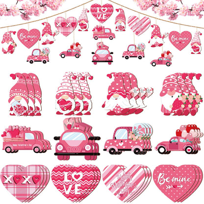 Qunclay 36 Pcs Valentine's Ornaments Valentines Wooden Hanging Gnome Ornaments Pink Romantic Wall Decor Pink Truck Decoration Pickup Truck Decoration for Anniversary