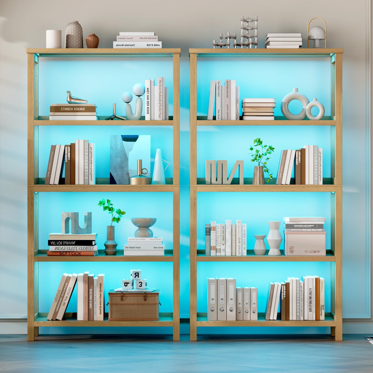 Vlsrka Wooden Bookshelf with Lights, 5 Tier Bookshelf with Storage, Tall Bookcase with Open Shelves, Standing Bookshelves Display Rack for Living Room, Home Office, Brown