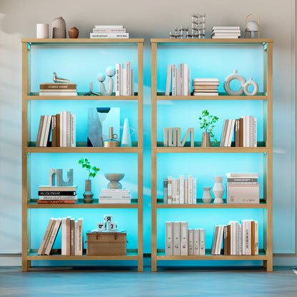 Vlsrka Wooden Bookshelf with Lights, 5 Tier Bookshelf with Storage, Tall Bookcase with Open Shelves, Standing Bookshelves Display Rack for Living Room, Home Office, Brown