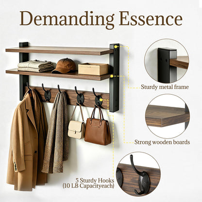 FOMAYKO Wall Hooks with Doubel Wood Shelves, 17 Inch Coat Hooks with Shelf, Wall-Mounted, Entryway Hanging Shelf with 5 Metal Hooks for Clothes Hats Towel Purse, Bathroom Bedroom, Rustic Brown Black