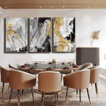 YJYart Gold Wall Art Abstract Wall Art Living Room Decor Black and White Canvas Picture Home Decor Wooden Frame Line Paintings Modern Artwork Office Decor 24"x 36"x 3 Pieces