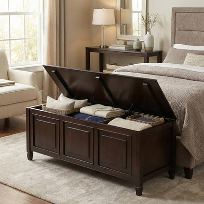SIMPLIHOME Connaught Storage Bench - 51 inch Wide Solid Wood Trunk Bench in Dark Chestnut Brown, Traditional Bench for Entryway with Lift-Up Lid and 3 Hidden Compartments