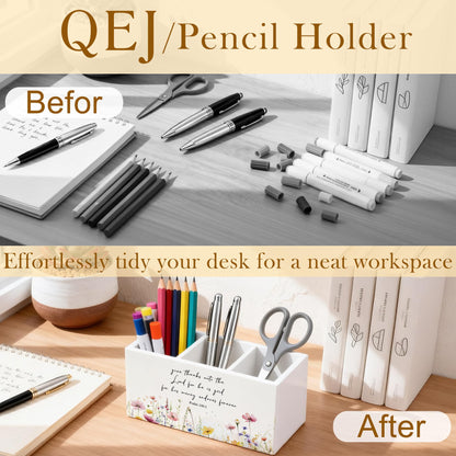 QEJ Wildflower Bible Verse Pen Holder for Desk, Christian Gifts for Women, Give thanks to the Lord Christian Wooden Box Pencil Pen Organizer for Home Office Desk Tabletop