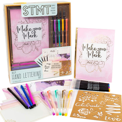 STMT DIY Make Your Mark Hand Lettering Set, Step-by-Step Beginner Modern Calligraphy Hardcover Workbook, Includes Practice Sheets, Stencils, Flexible Fine Tip & Brush Markers, DIY Calligraphy Kit