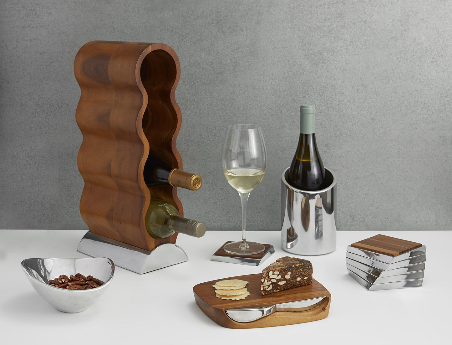 Nambé Curvo Wine Rack - 4-Bottle - Modern Sculptural Holder with Acacia Wood Frame & Nambé Alloy Base, Elegant Countertop Storage for Dining Room, Kitchen Bar & Home Décor