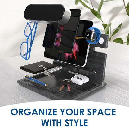 BarvA Two Phone Docking Station | Night Stand Desk Organizer | Wood Nightstand Organizer | Tablet Smart Watch Earbuds Charging Station | Upgraded Dresser Phone Stand | Bed Room Decor Gifts for Men