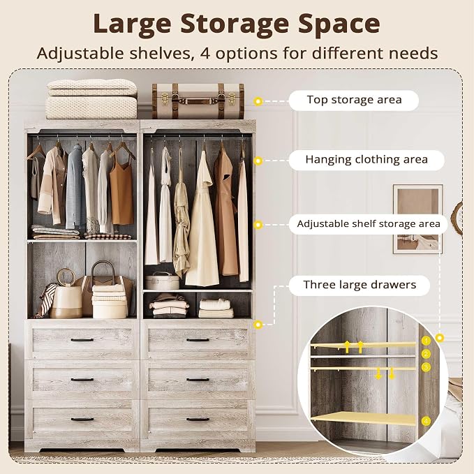 IRONCK Freestanding Closet System with 3 Wood Drawers, Modern Armoire Wardrobe with Adjustable Shelves & Hanging Rod, Walk-in Closet Systems Organizer for Small Closet, Rustic Maple